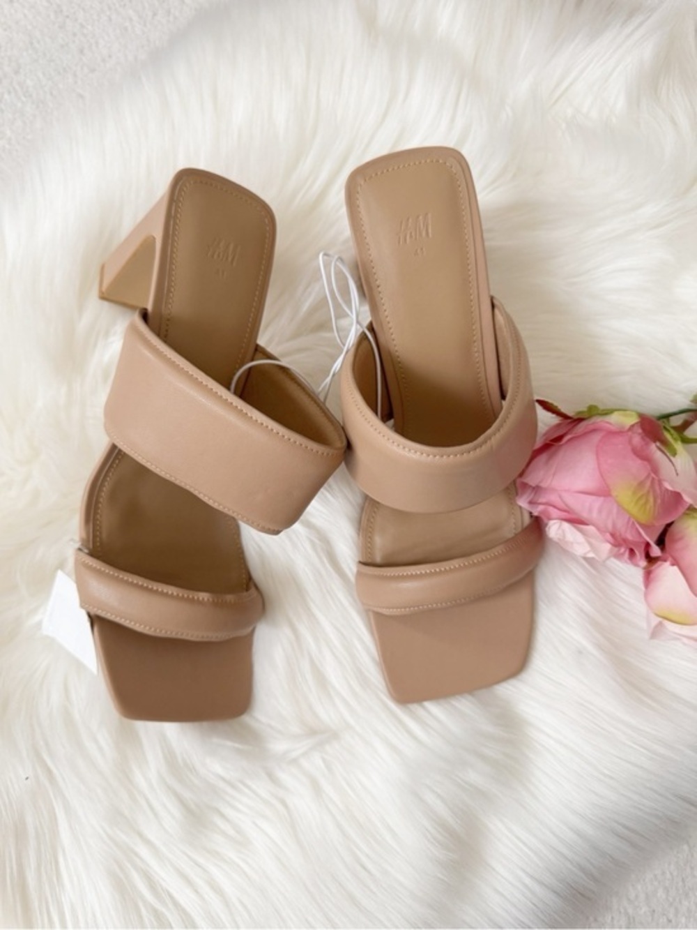 Beige Double-Strap Block Heel Slides